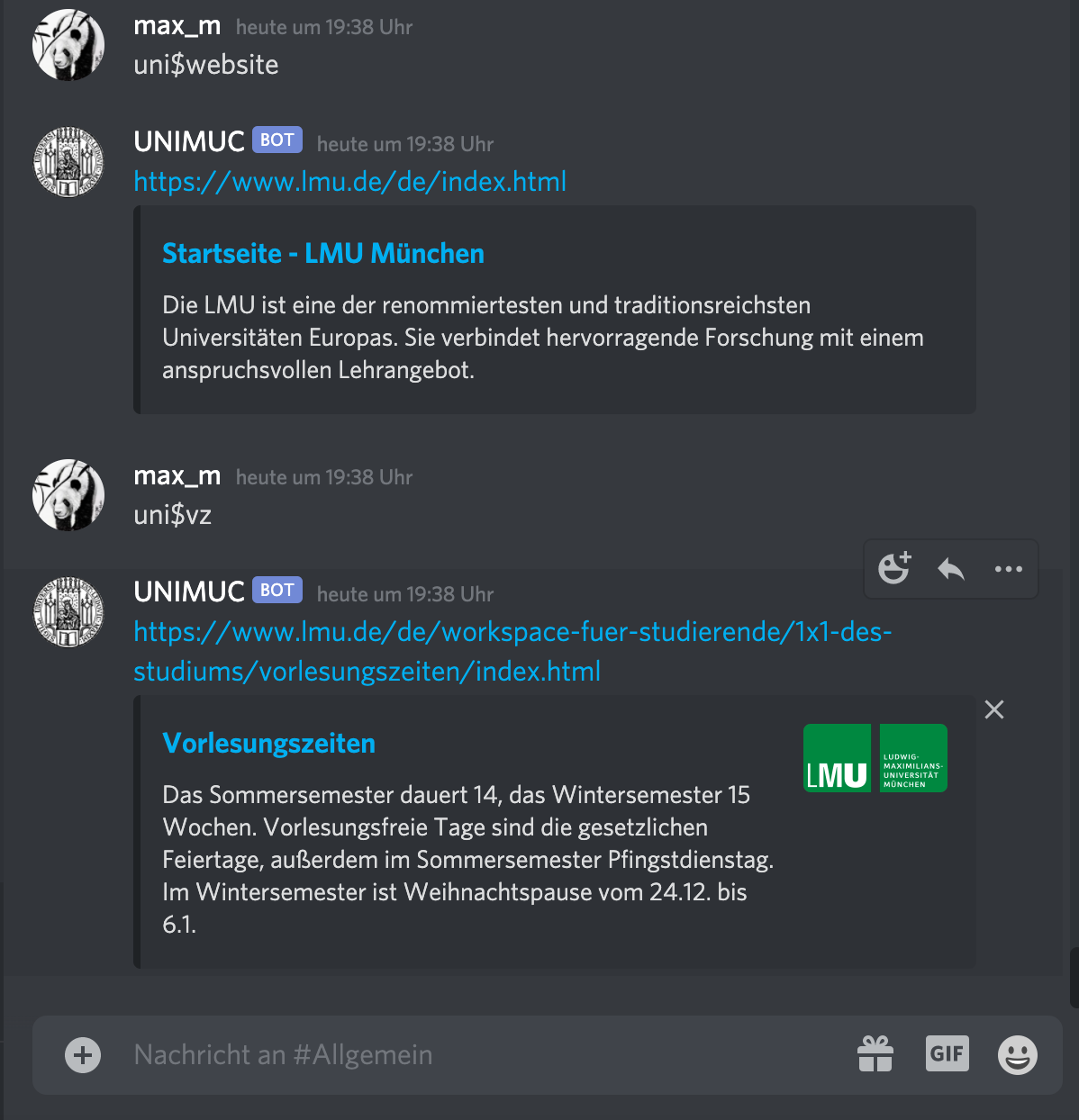Photo of the commands and bot reponse in Discord